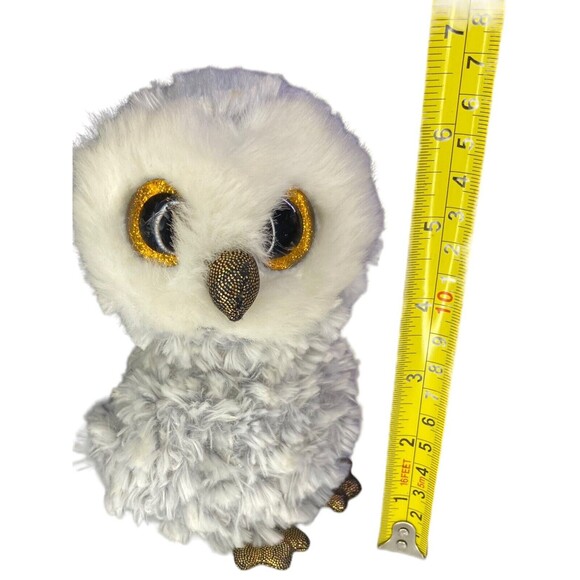 TY BEANIE BOOS OWELETTE Plush Gray White Owl Gold Glitter Eyes 6" 2017 Stuffie - Picture 11 of 11